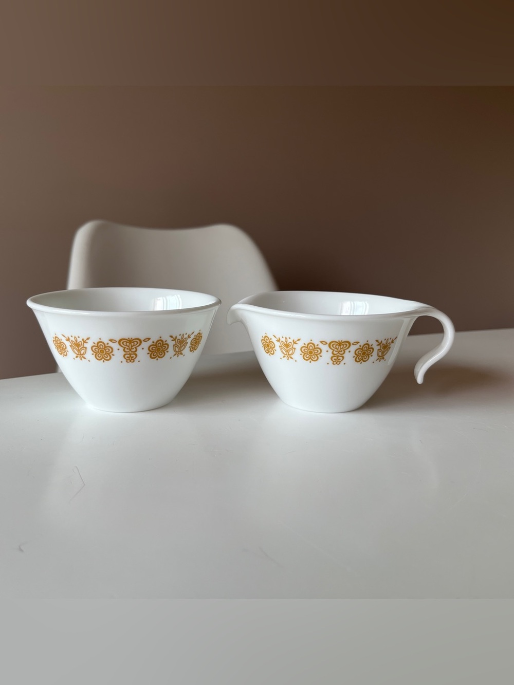 70s Vintage Corelle Corning Butterfly Gold Sugar Bowl and Creamer Pitcher Set